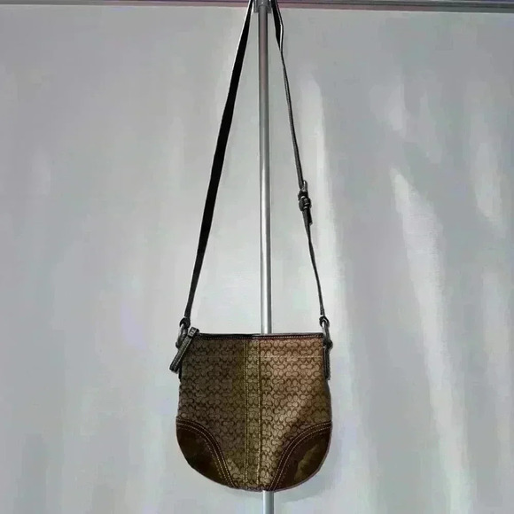 Coach Signature Crossbody Bag Jacquard Fabric & Leather Brown - Picture 1 of 16